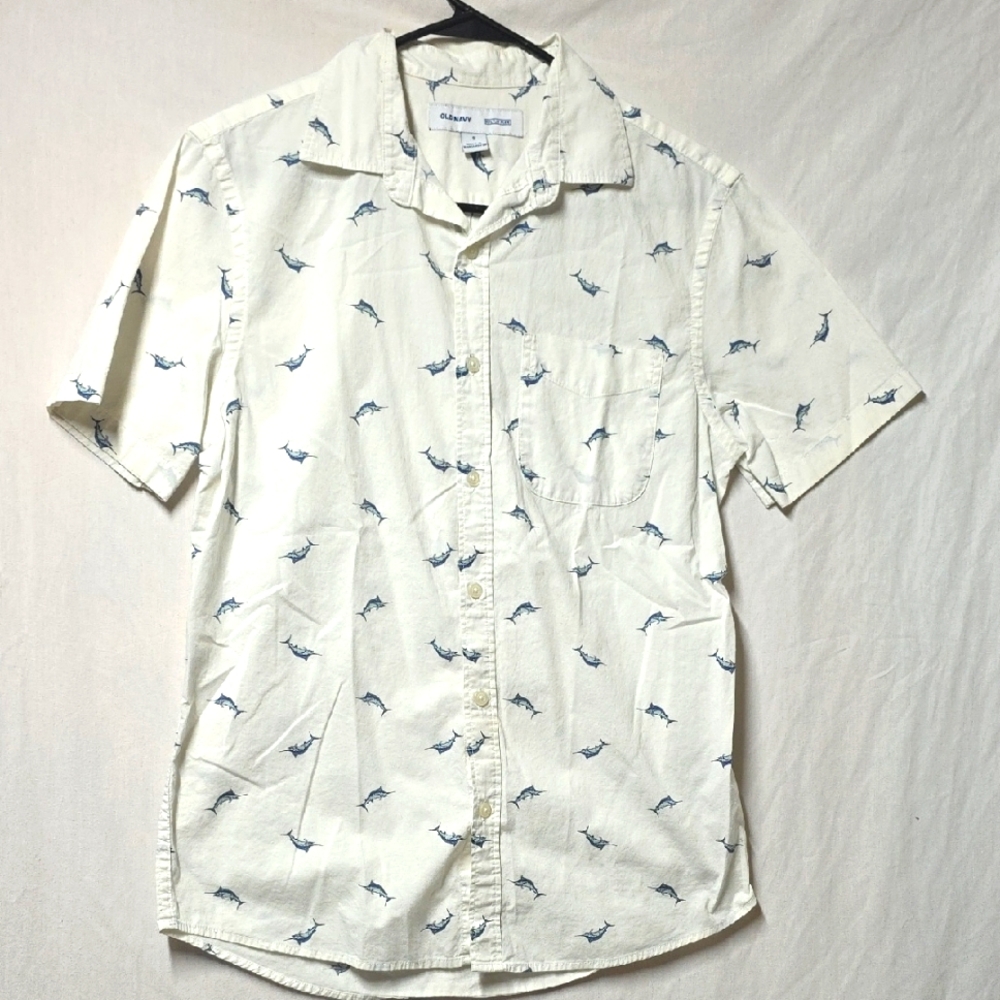 Old Navy White Printed Built-In-Flex Short Sleeve Button Up Shirt Size S